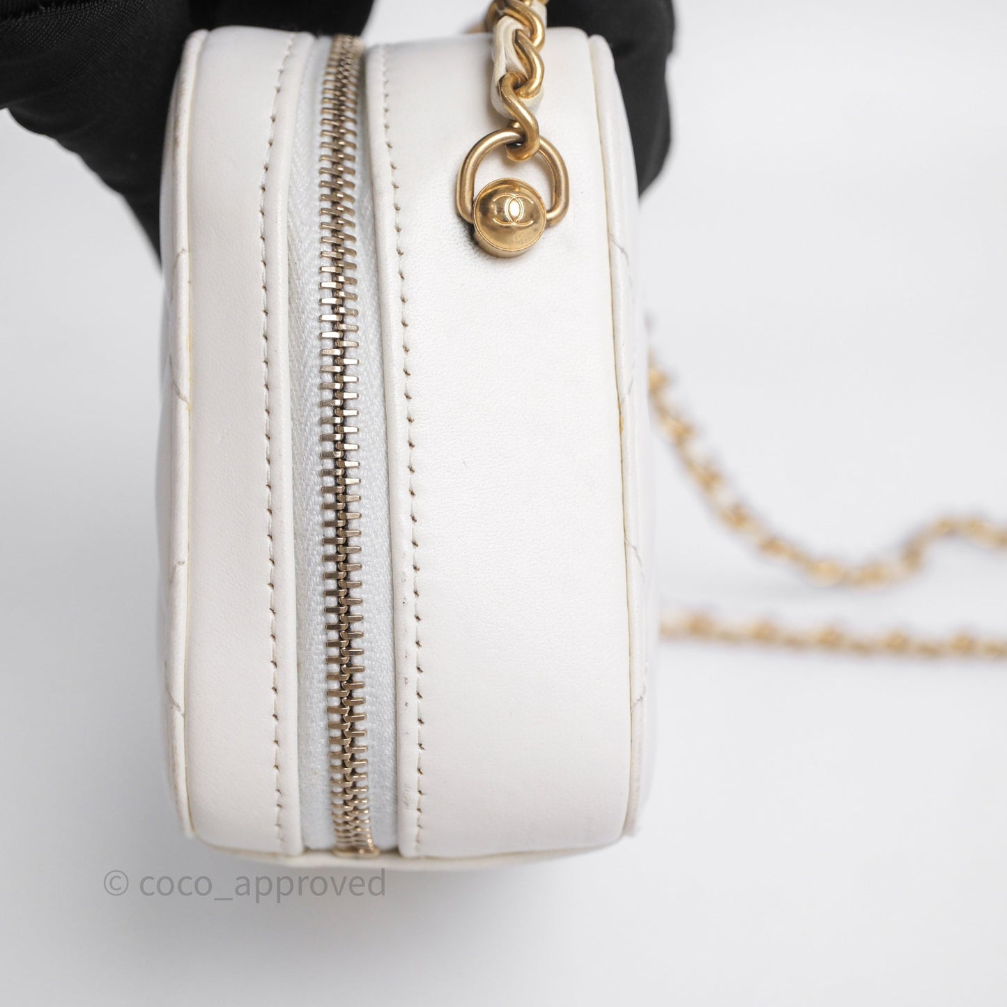Chanel Quilted CC Pearl Crush Camera Case White Lambskin Gold Hardware
