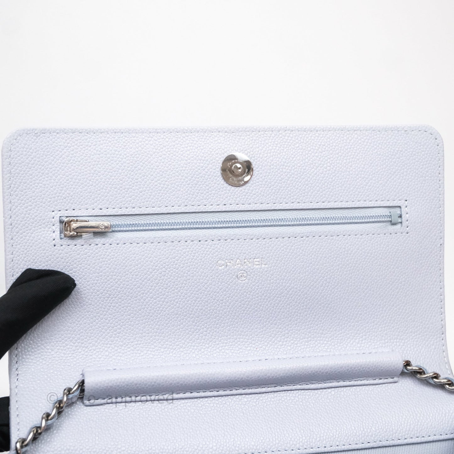 Chanel Quilted Classic Wallet on Chain WOC Light Blue Caviar Silver Hardware