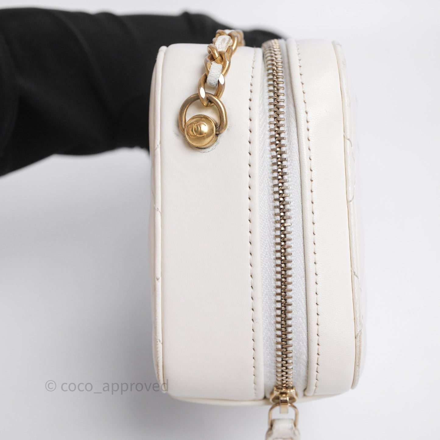Chanel Quilted CC Pearl Crush Camera Case White Lambskin Gold Hardware