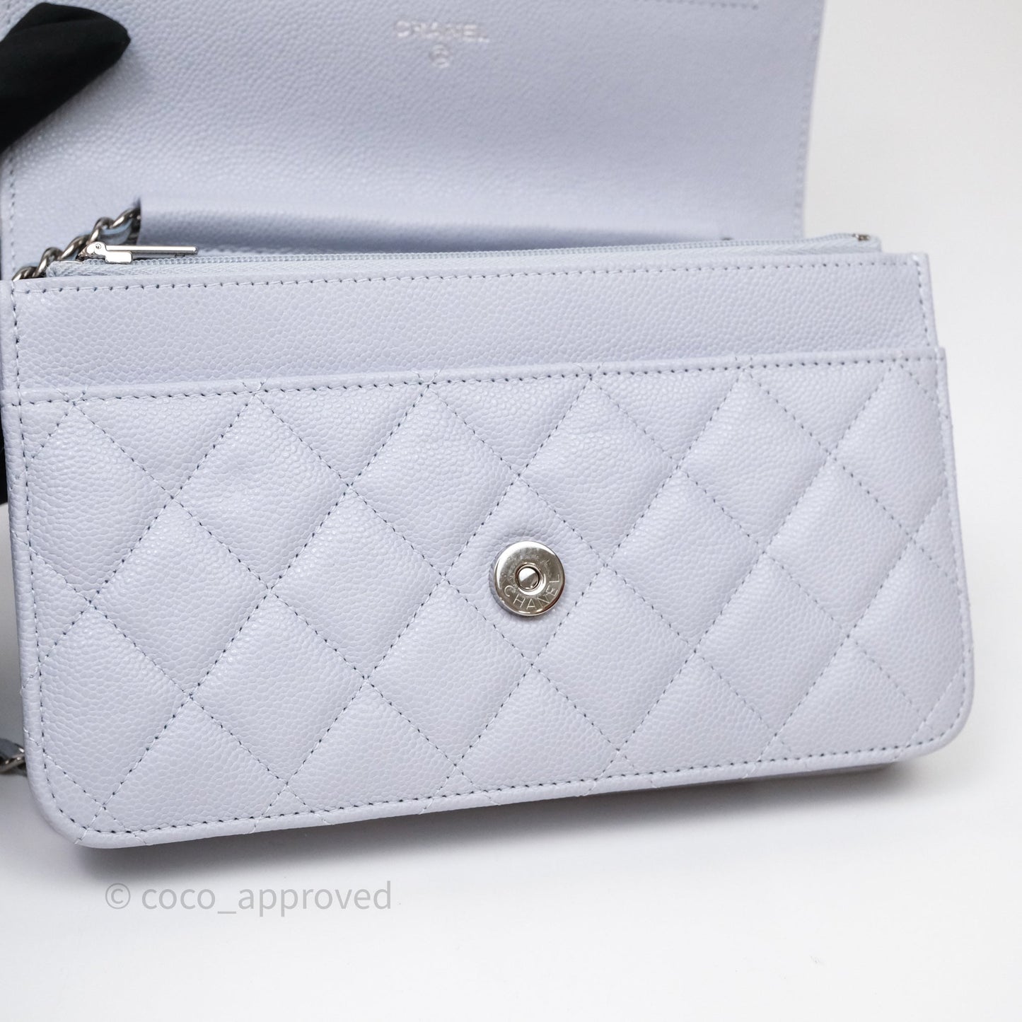 Chanel Quilted Classic Wallet on Chain WOC Light Blue Caviar Silver Hardware
