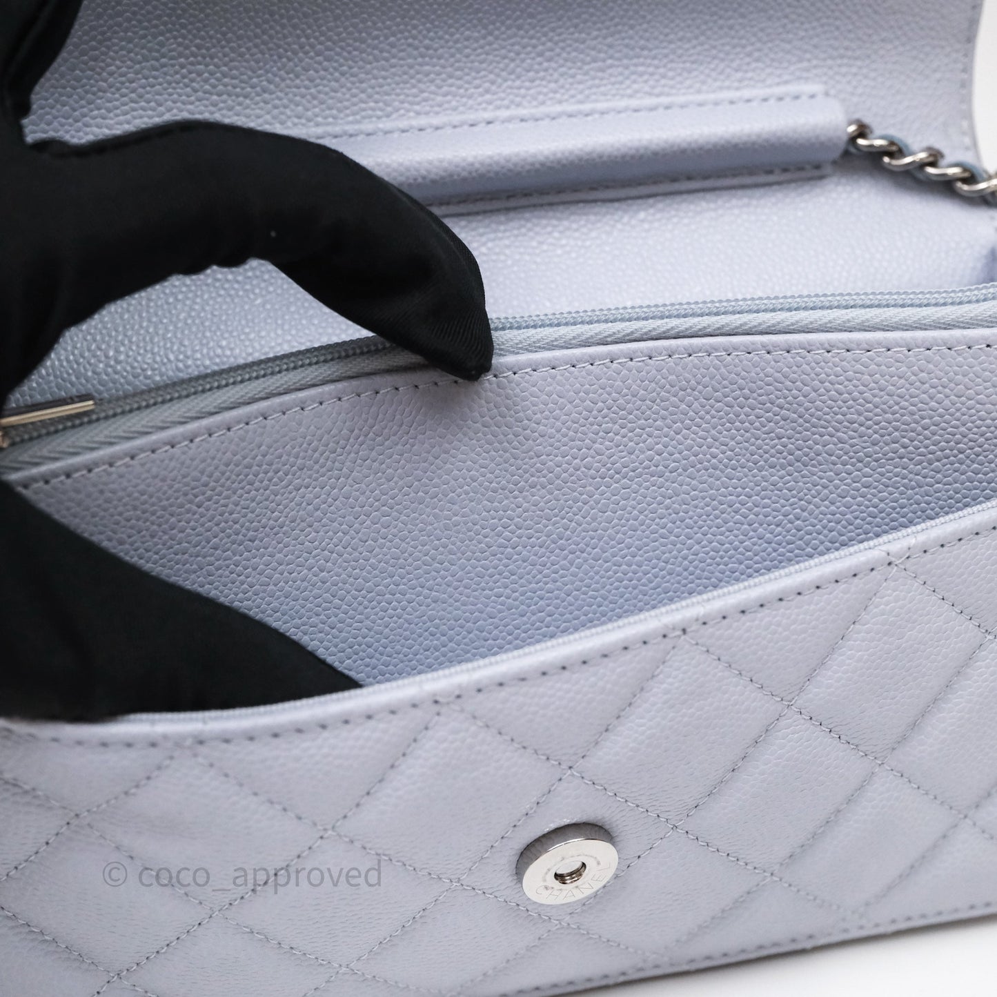 Chanel Quilted Classic Wallet on Chain WOC Light Blue Caviar Silver Hardware