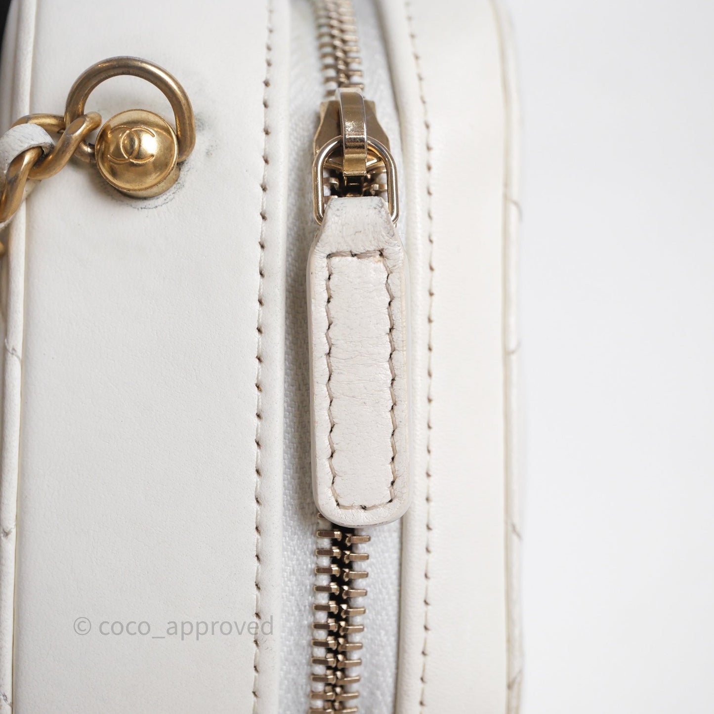 Chanel Quilted CC Pearl Crush Camera Case White Lambskin Gold Hardware