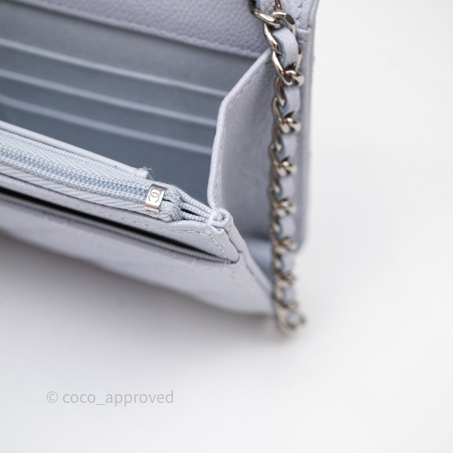 Chanel Quilted Classic Wallet on Chain WOC Light Blue Caviar Silver Hardware