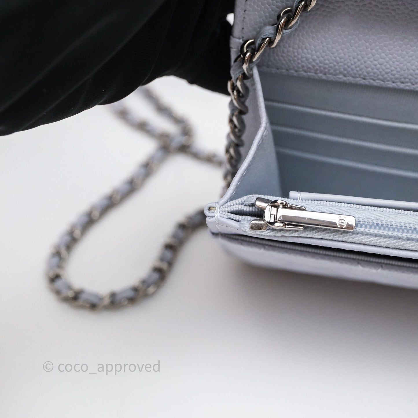 Chanel Quilted Classic Wallet on Chain WOC Light Blue Caviar Silver Hardware