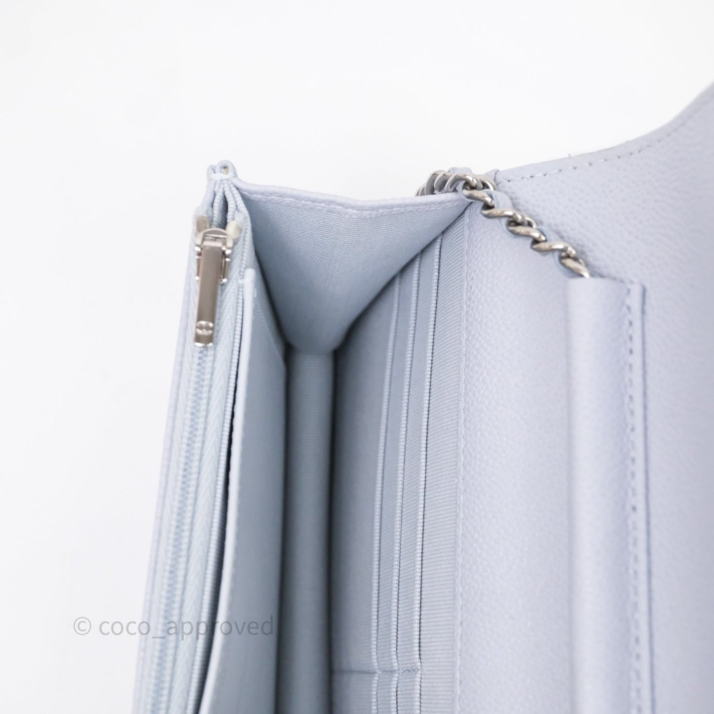Chanel Quilted Classic Wallet on Chain WOC Light Blue Caviar Silver Hardware