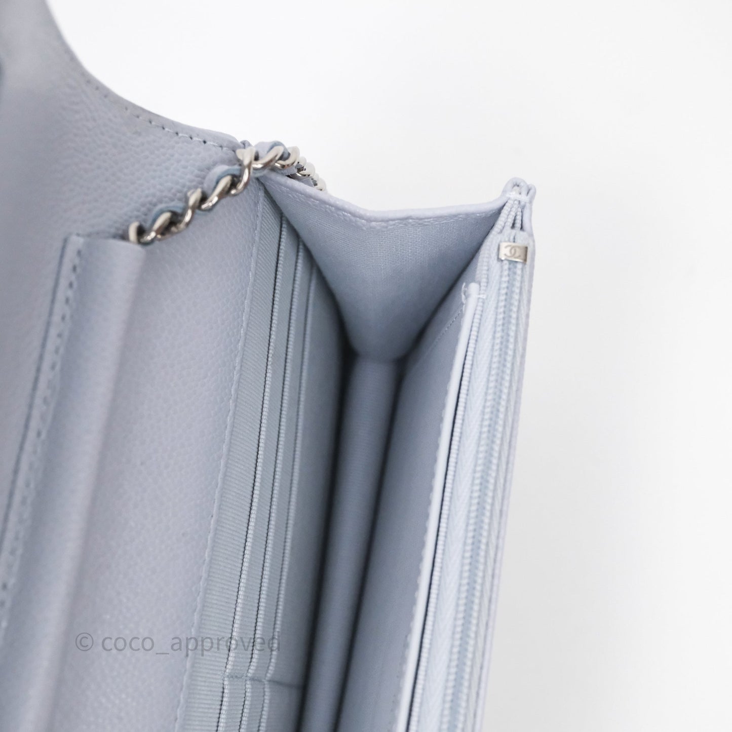 Chanel Quilted Classic Wallet on Chain WOC Light Blue Caviar Silver Hardware