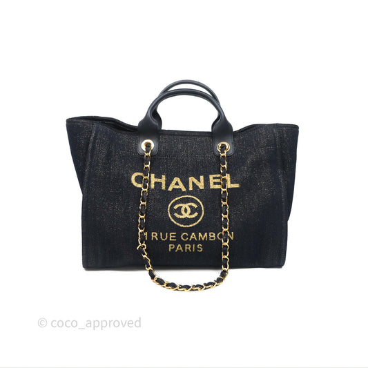Chanel Large Deauville Navy Glitter Canvas Gold Hardware
