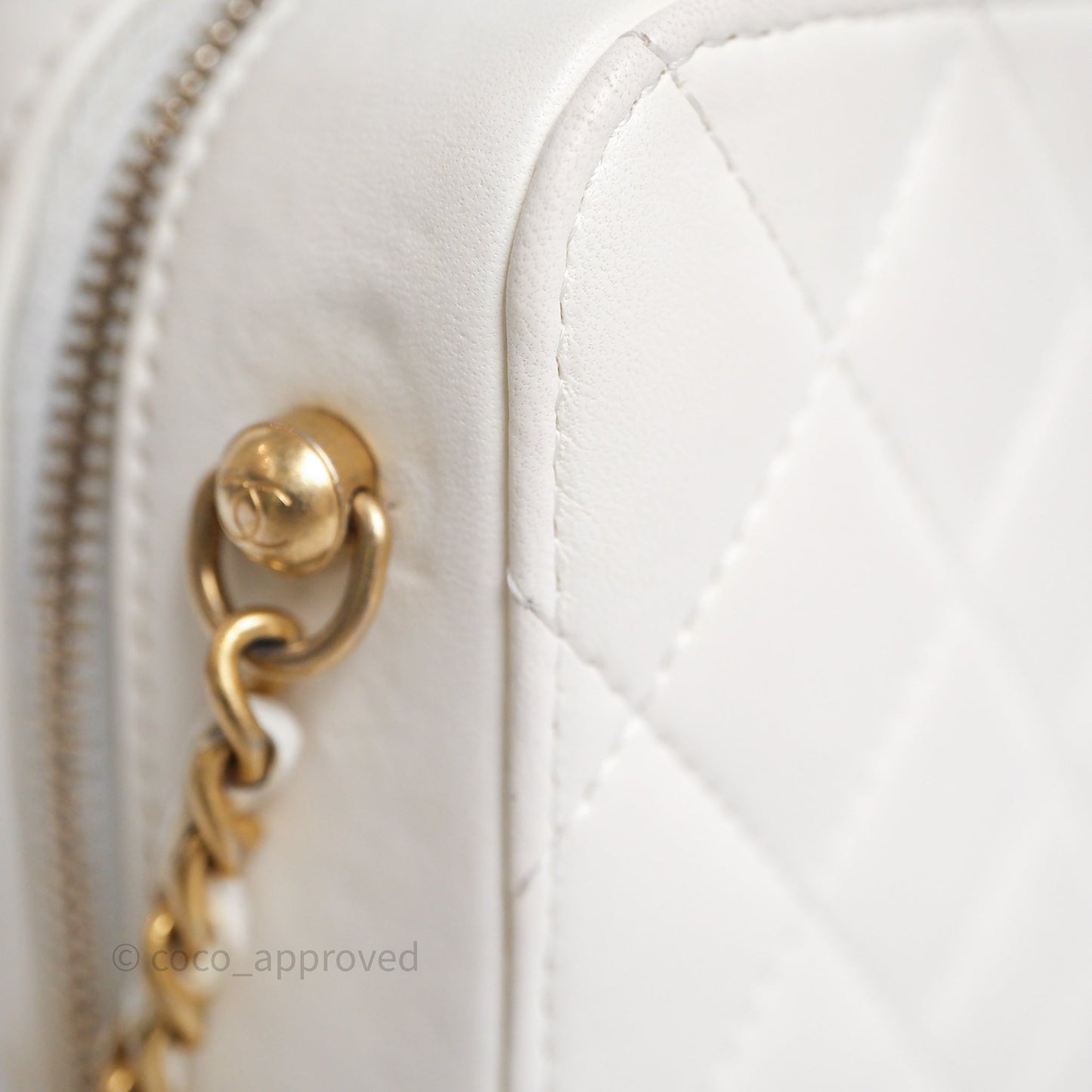 Chanel Quilted CC Pearl Crush Camera Case White Lambskin Gold Hardware