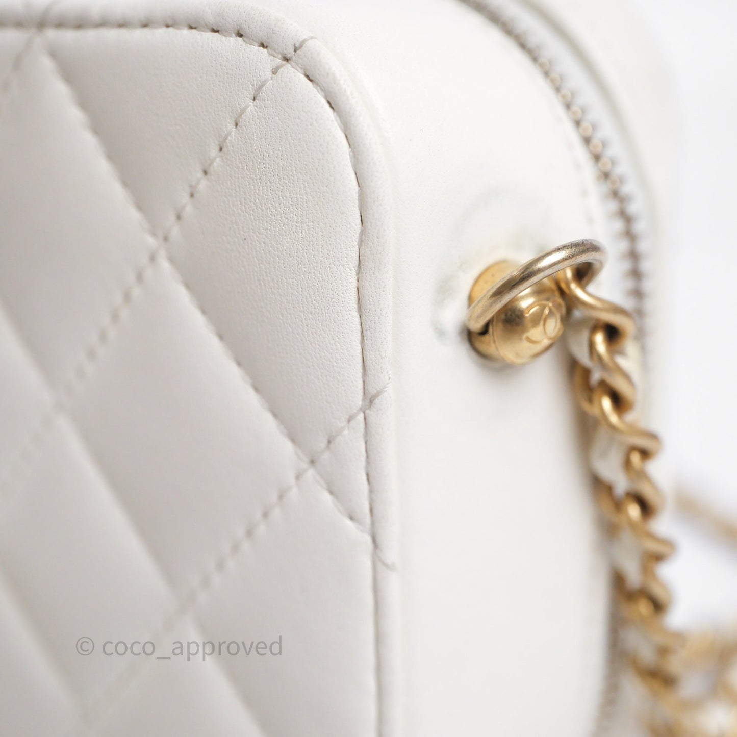 Chanel Quilted CC Pearl Crush Camera Case White Lambskin Gold Hardware