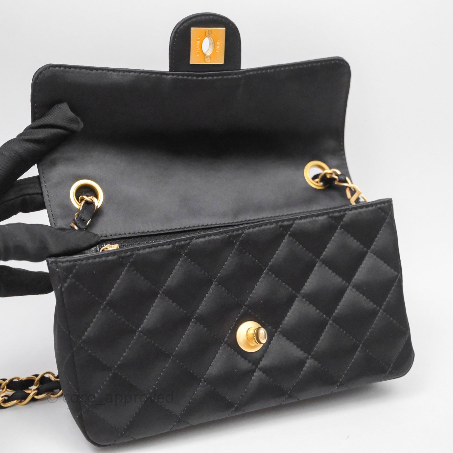 Chanel Vintage Mini Rectangular Black Satin Matte Gold Hardware