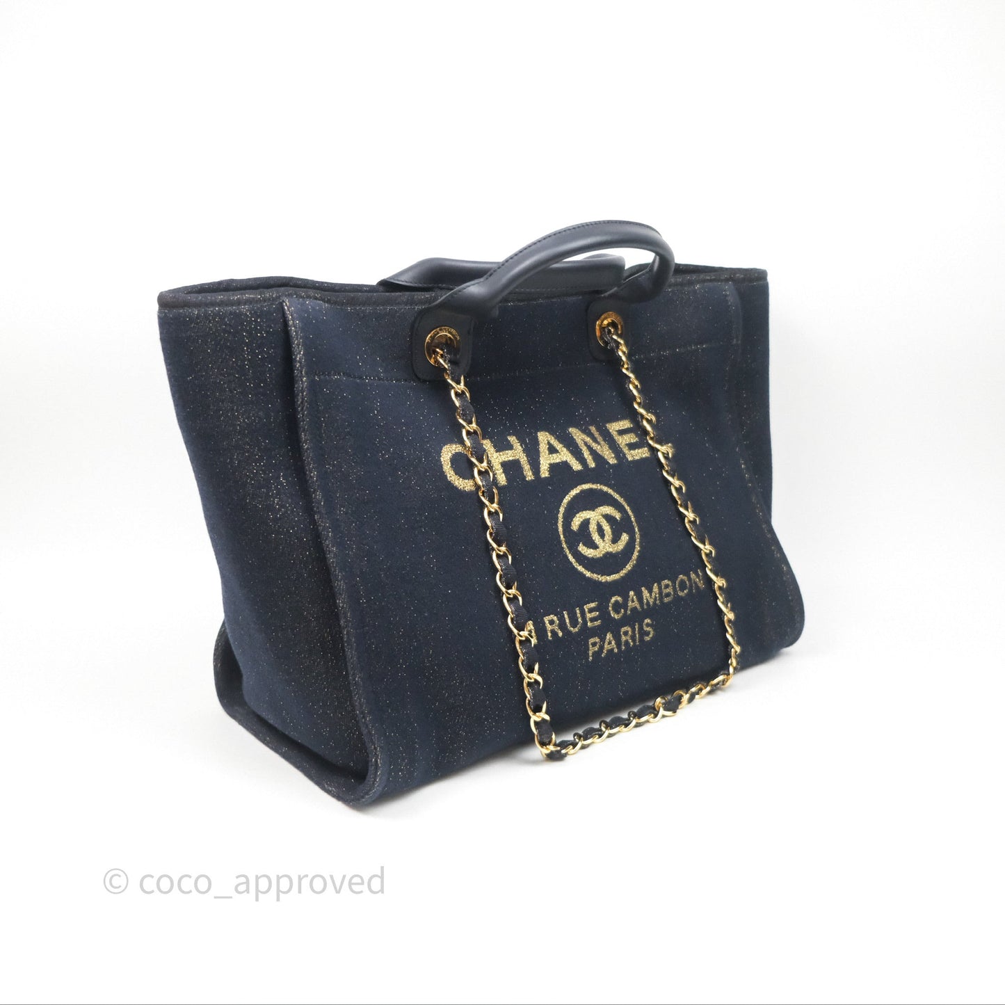 Chanel Large Deauville Navy Glitter Canvas Gold Hardware