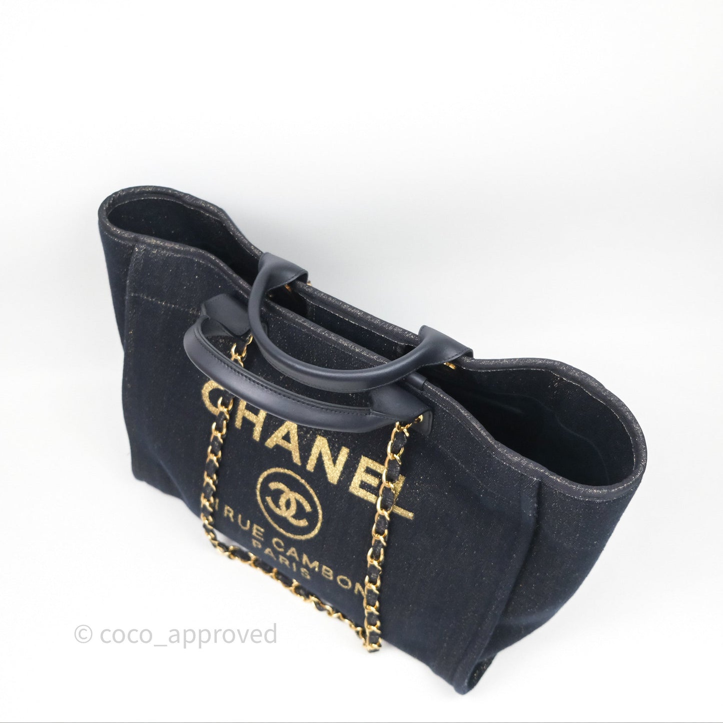 Chanel Large Deauville Navy Glitter Canvas Gold Hardware
