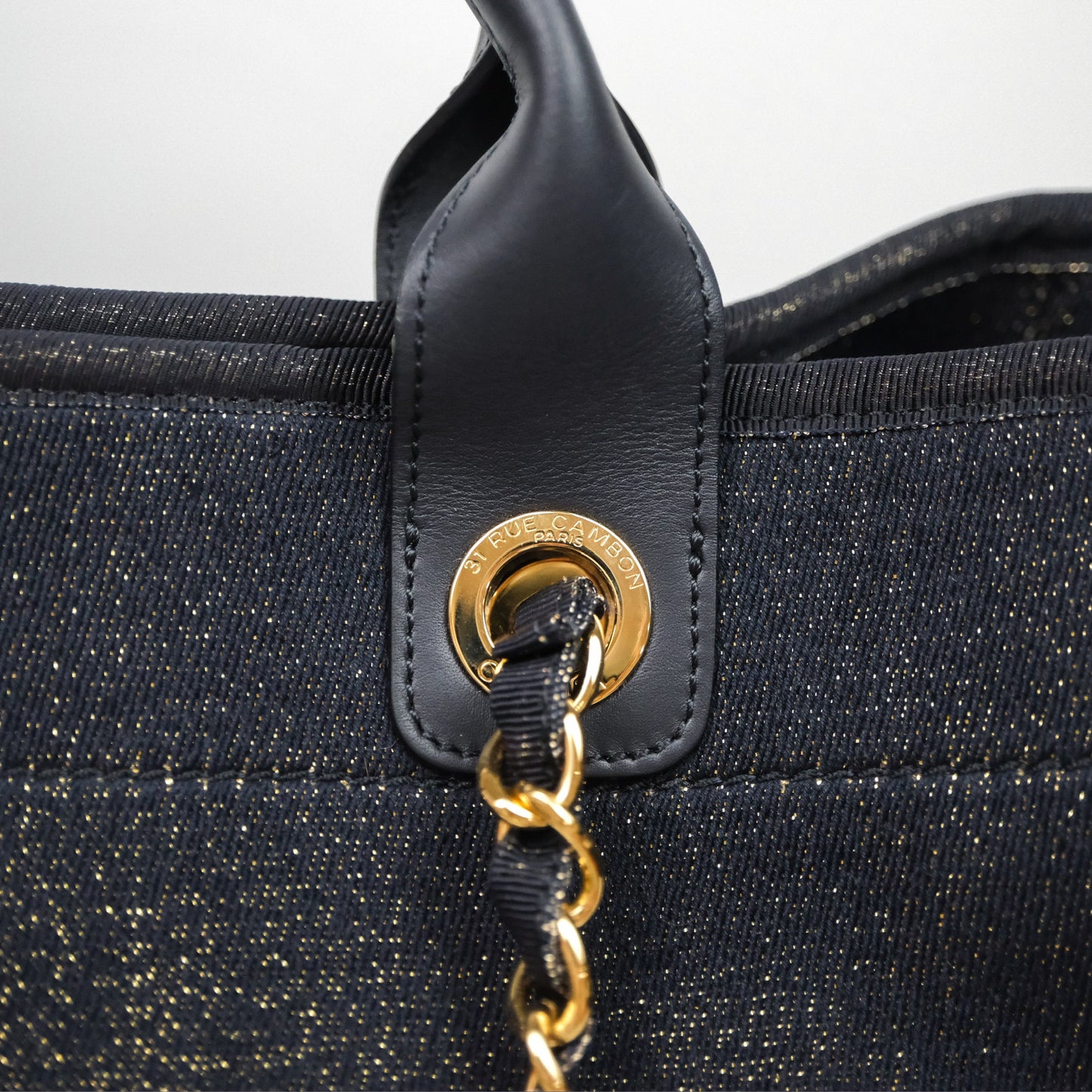 Chanel Large Deauville Navy Glitter Canvas Gold Hardware