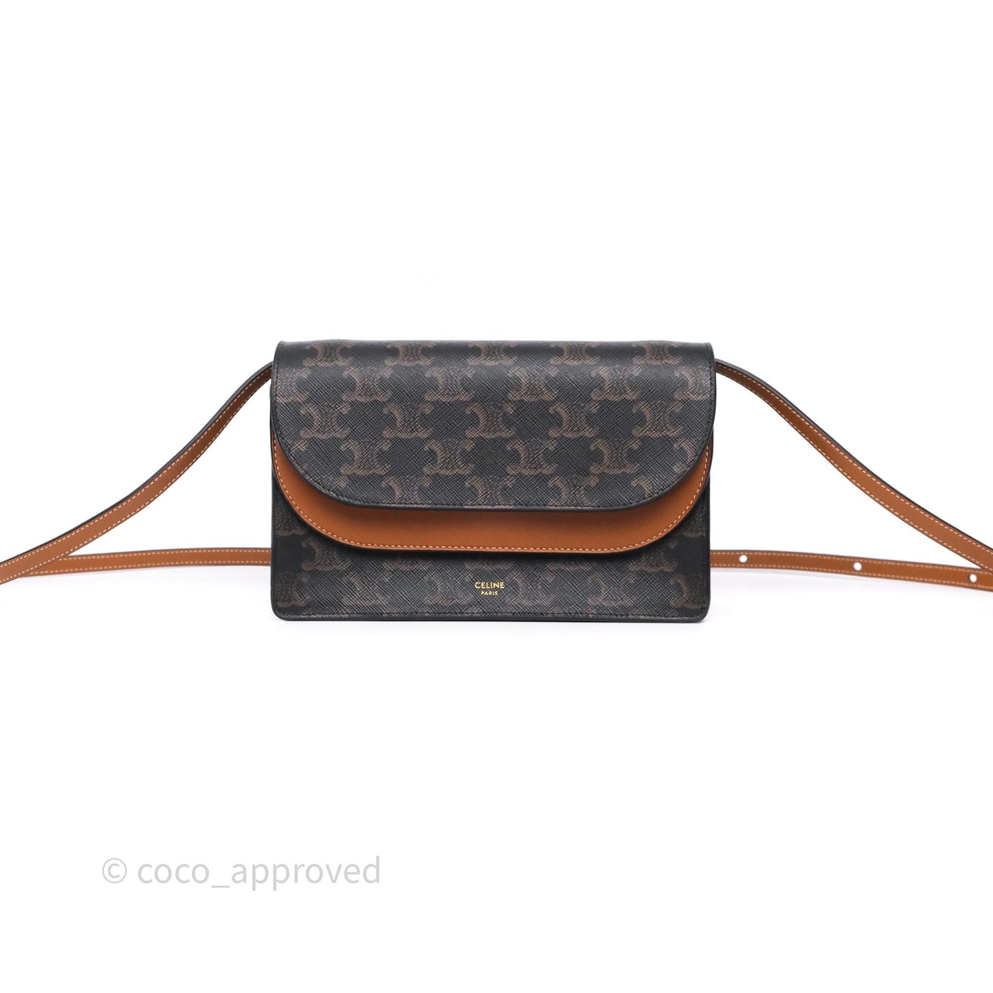 Celine Wallet On Strap Triomphe Canvas Tan Lambskin