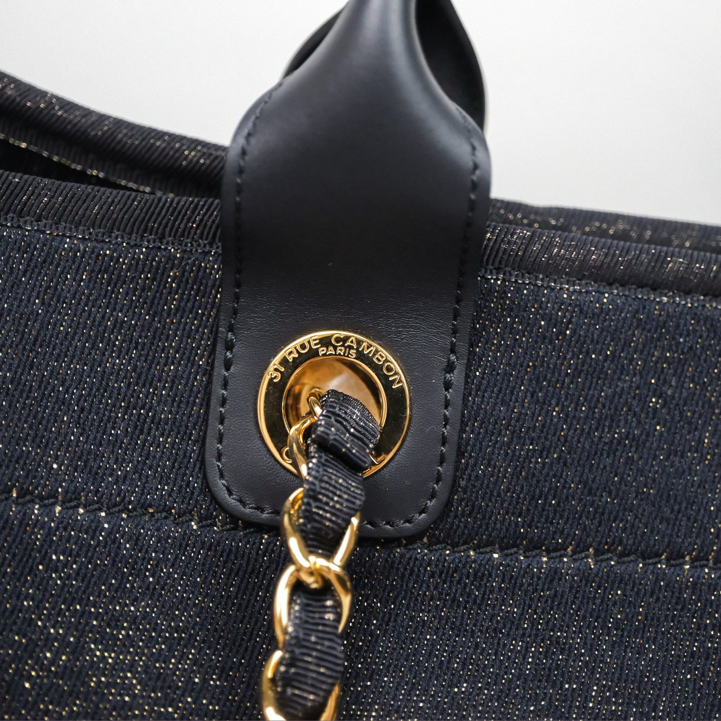 Chanel Large Deauville Navy Glitter Canvas Gold Hardware