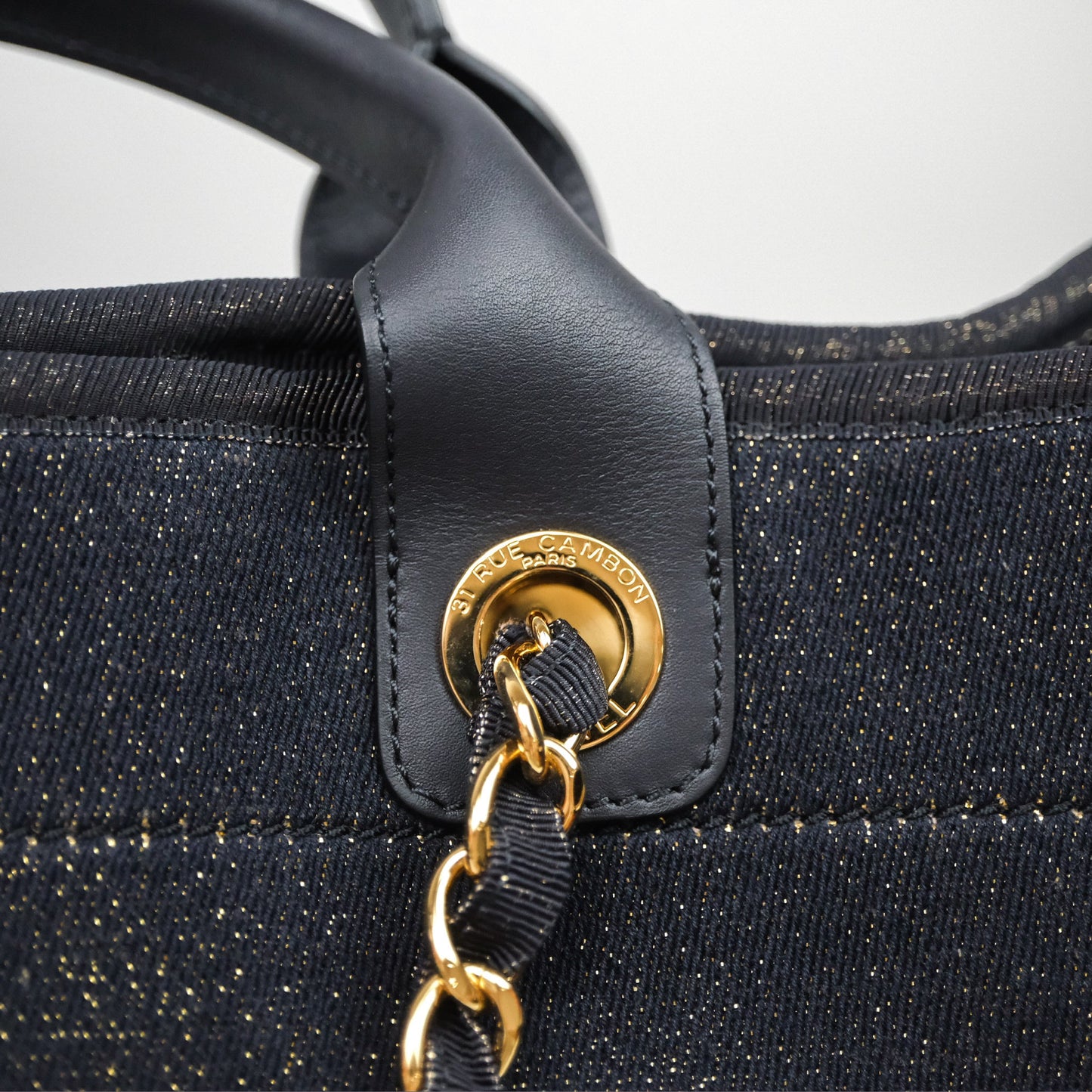 Chanel Large Deauville Navy Glitter Canvas Gold Hardware