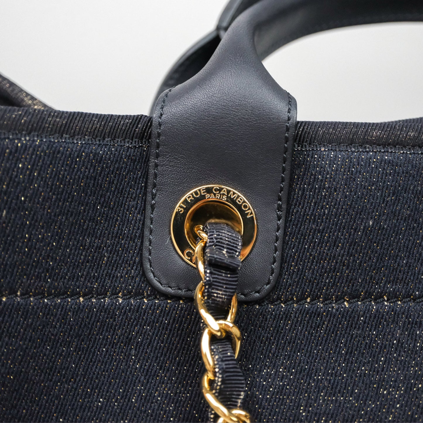 Chanel Large Deauville Navy Glitter Canvas Gold Hardware