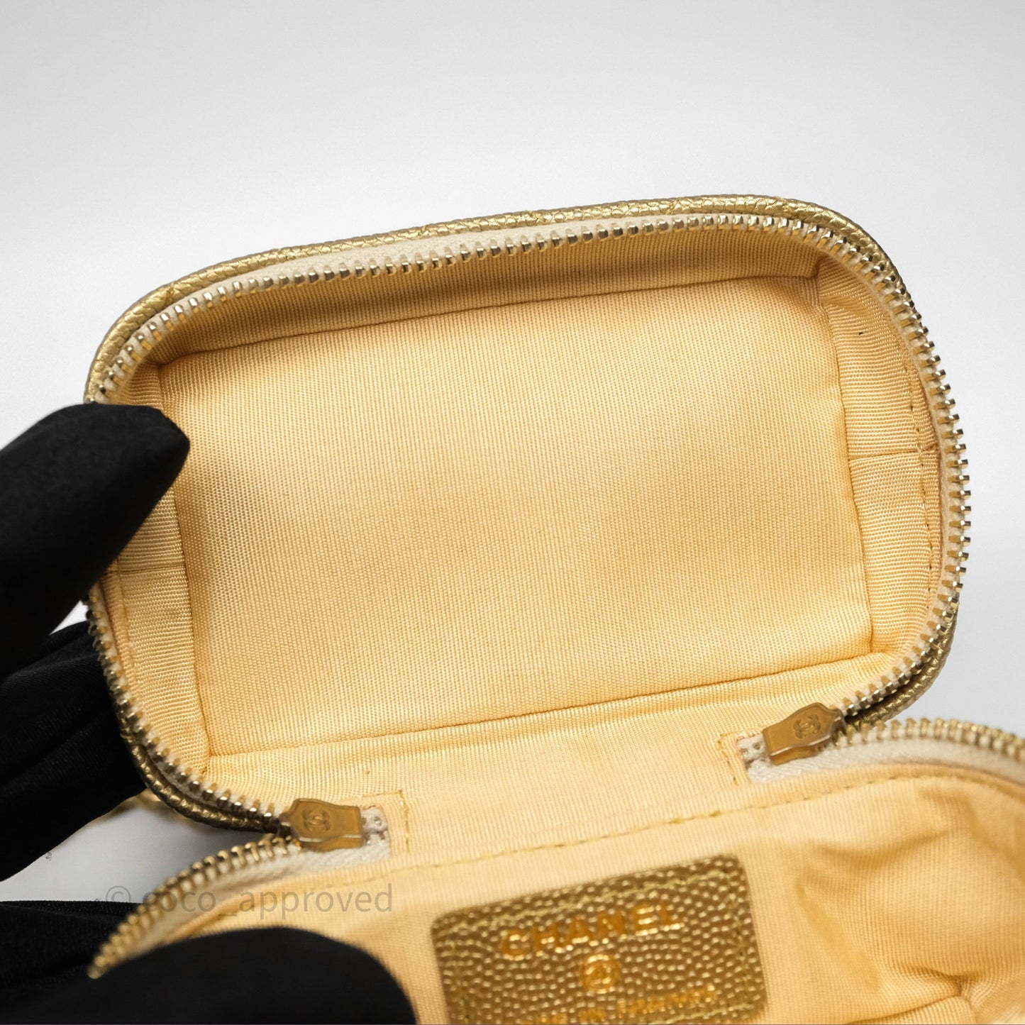 Chanel Quilted Mini Top Handle Vanity With Chain Gold Caviar Brushed Gold Hardware