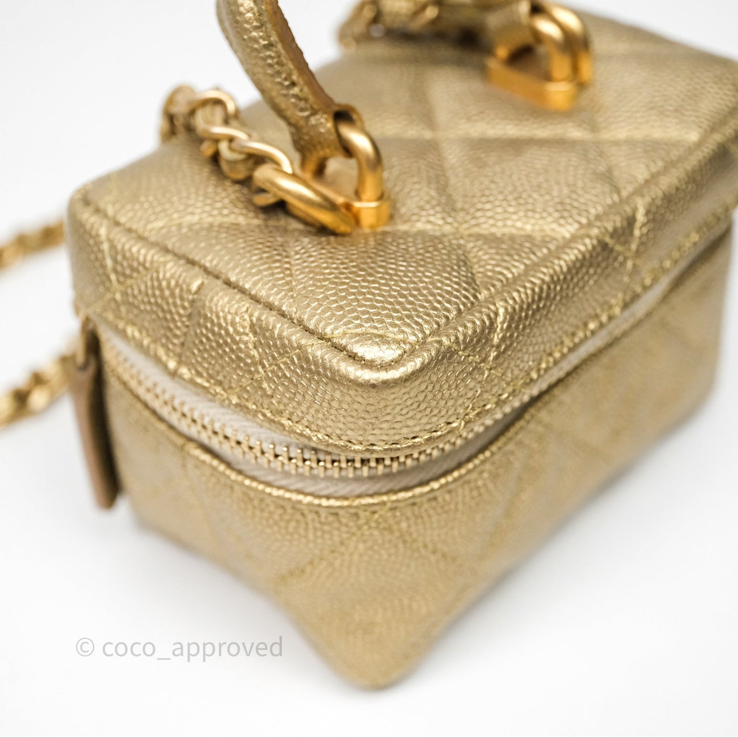 Chanel Quilted Mini Top Handle Vanity With Chain Gold Caviar Brushed Gold Hardware