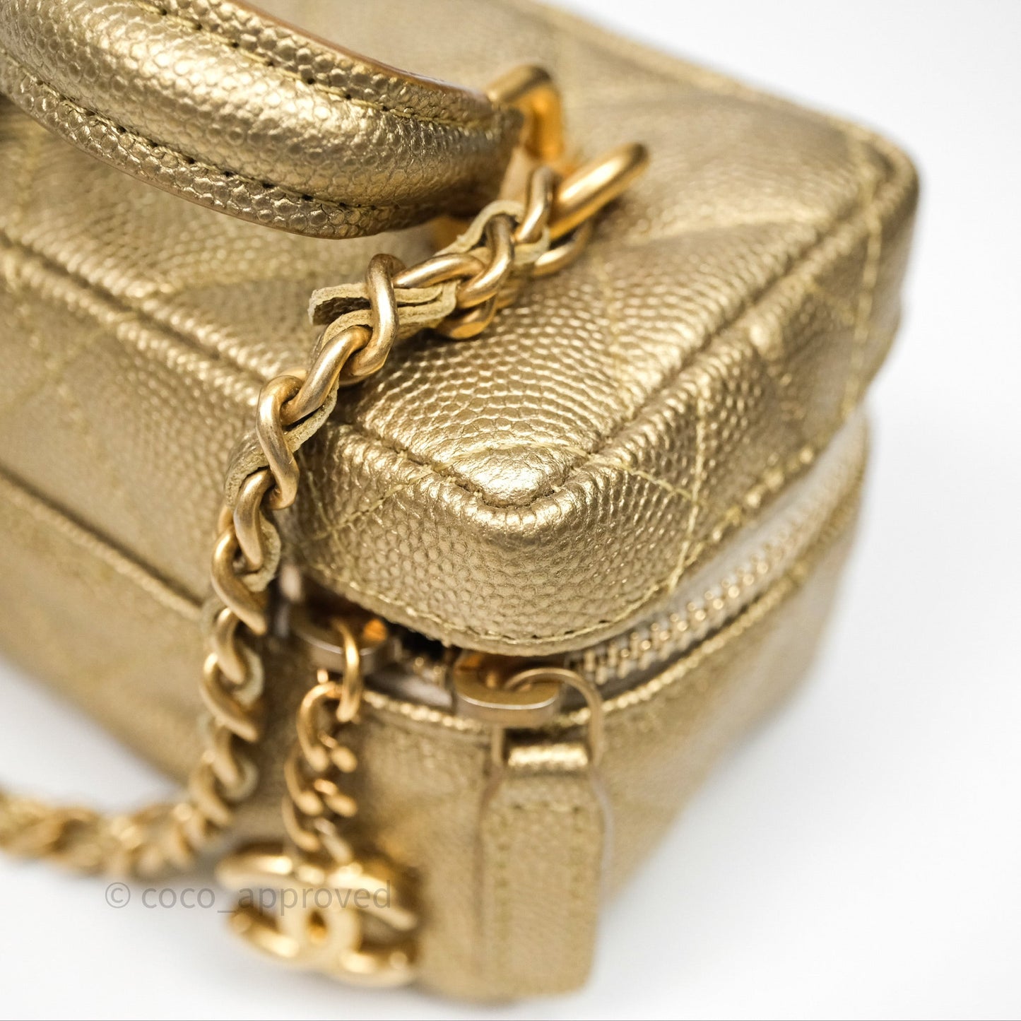 Chanel Quilted Mini Top Handle Vanity With Chain Gold Caviar Brushed Gold Hardware