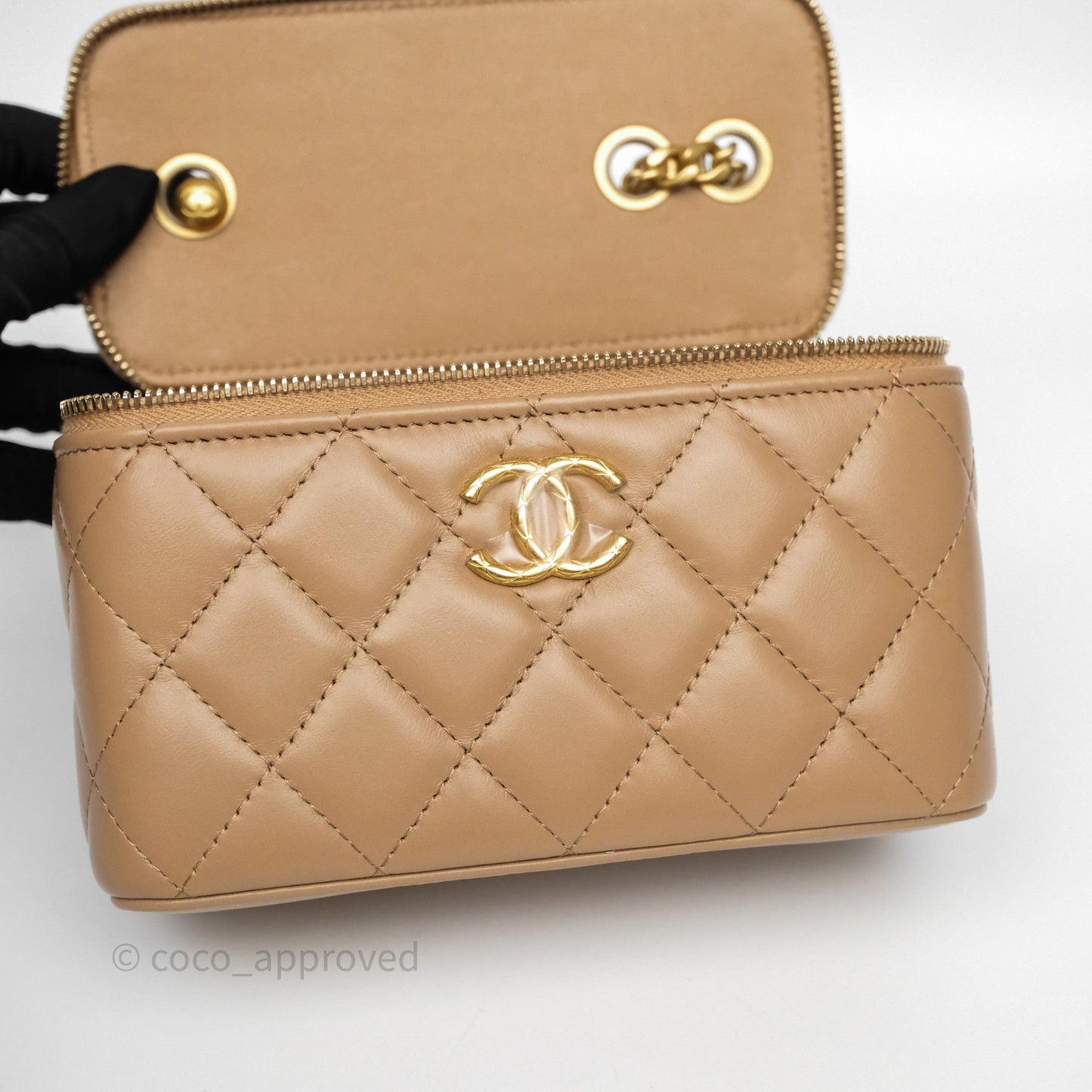 Chanel All Slide Vanity with Adjustable Chain Dark Beige Lambskin Aged Gold Hardware