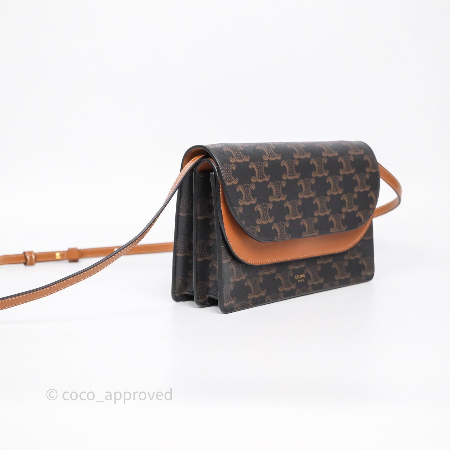 Celine Wallet On Strap Triomphe Canvas Tan Lambskin