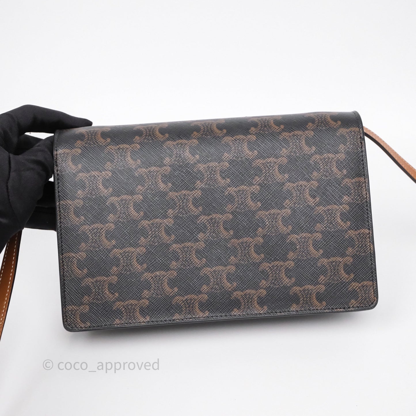 Celine Wallet On Strap Triomphe Canvas Tan Lambskin