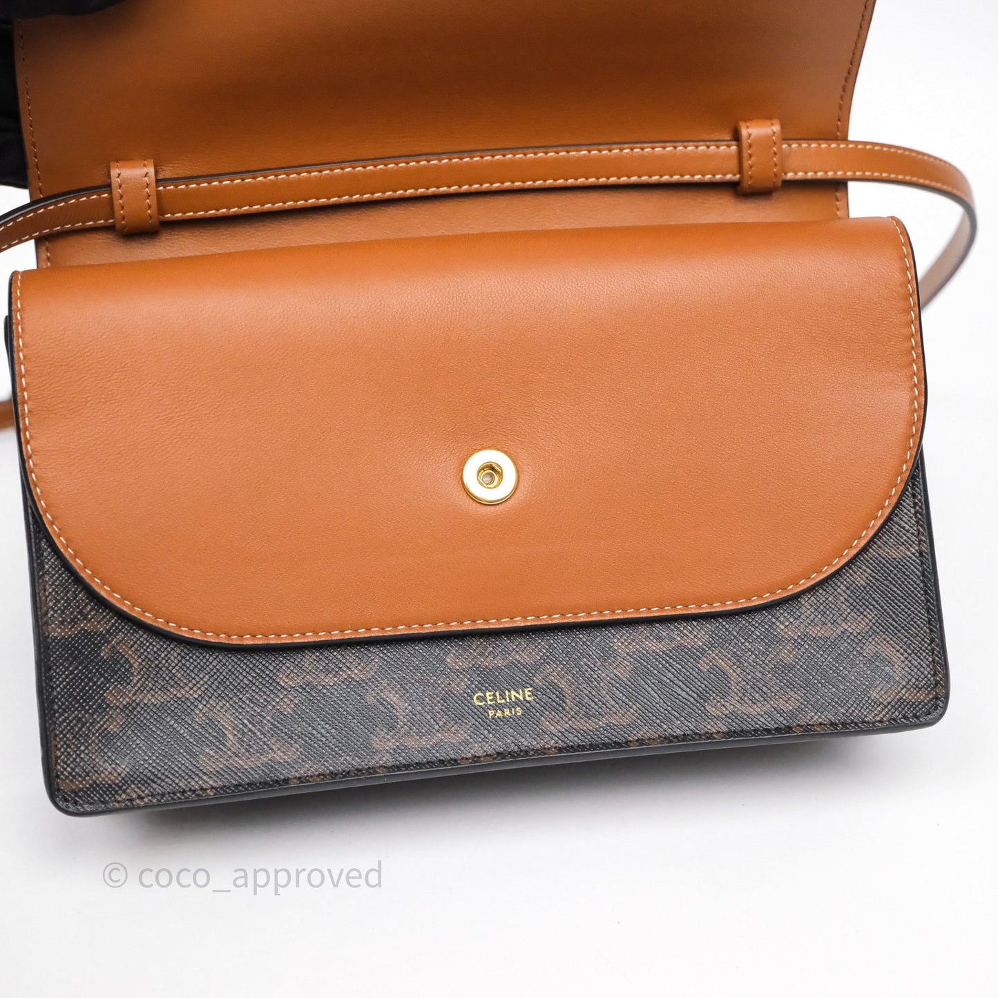 Celine Wallet On Strap Triomphe Canvas Tan Lambskin