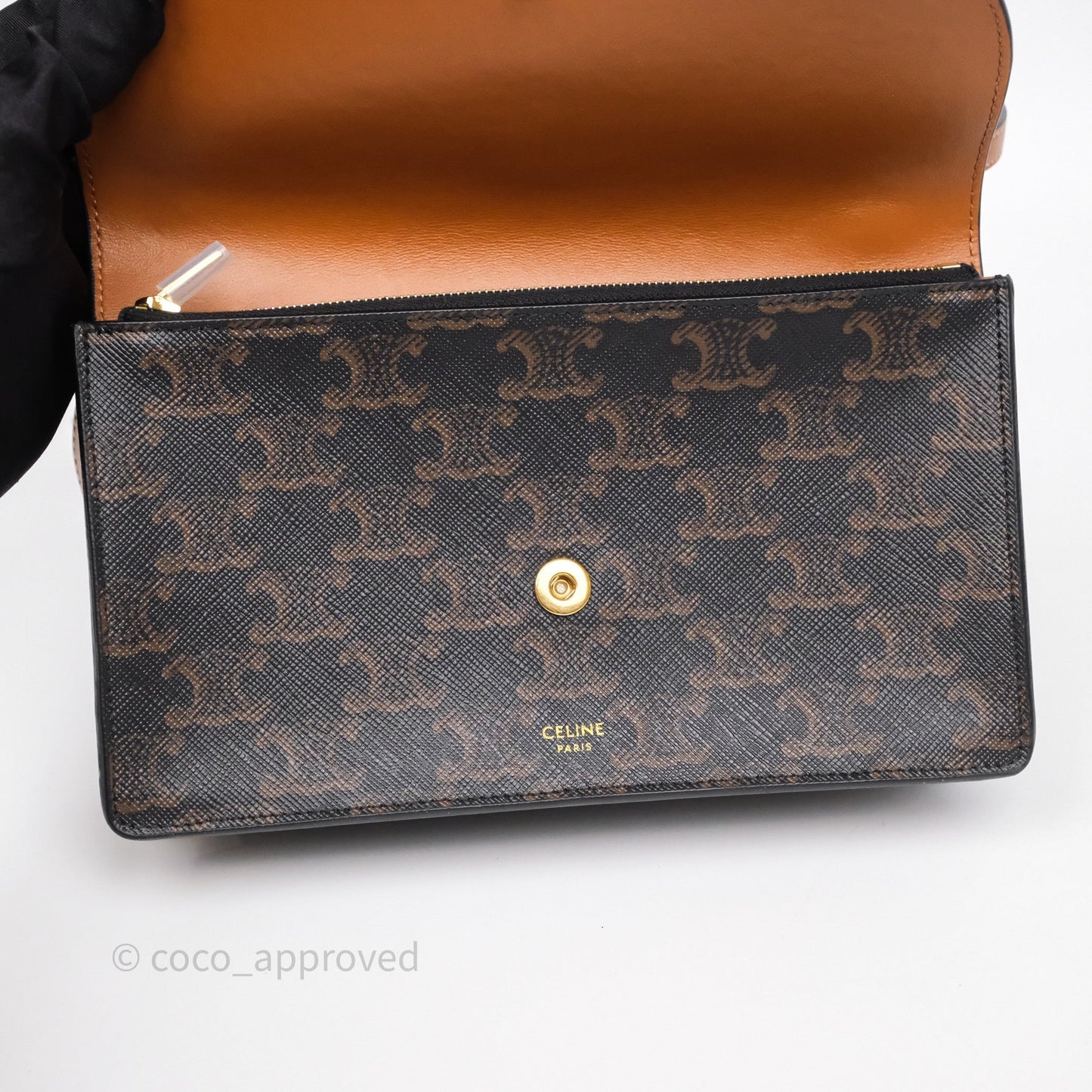 Celine Wallet On Strap Triomphe Canvas Tan Lambskin