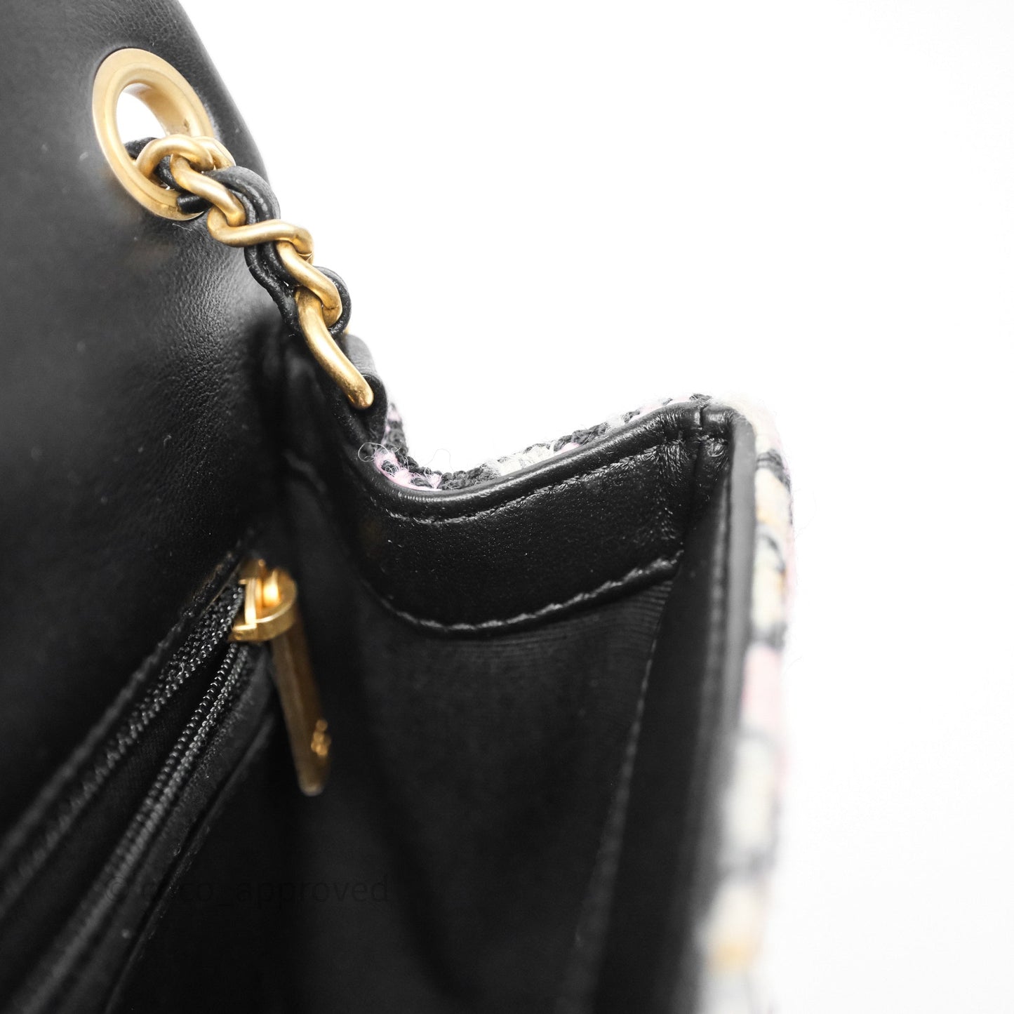 Chanel Pearl Crush Mini Square Pink/ White/ Black Tweed Aged Gold Hardware