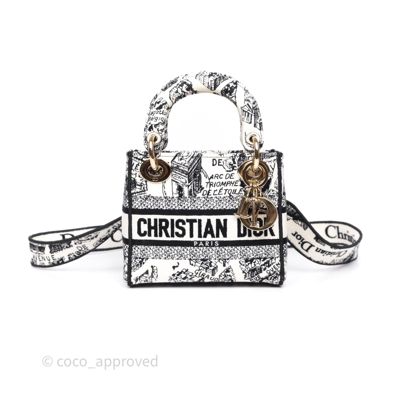 Christian Dior Mini Lady D-Lite Bag White/ Black Plan de Paris Embroidered