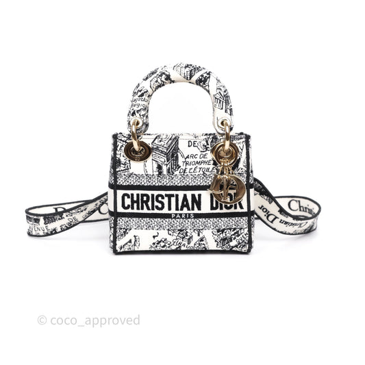 Christian Dior Mini Lady D-Lite Bag White/ Black Plan de Paris Embroidered