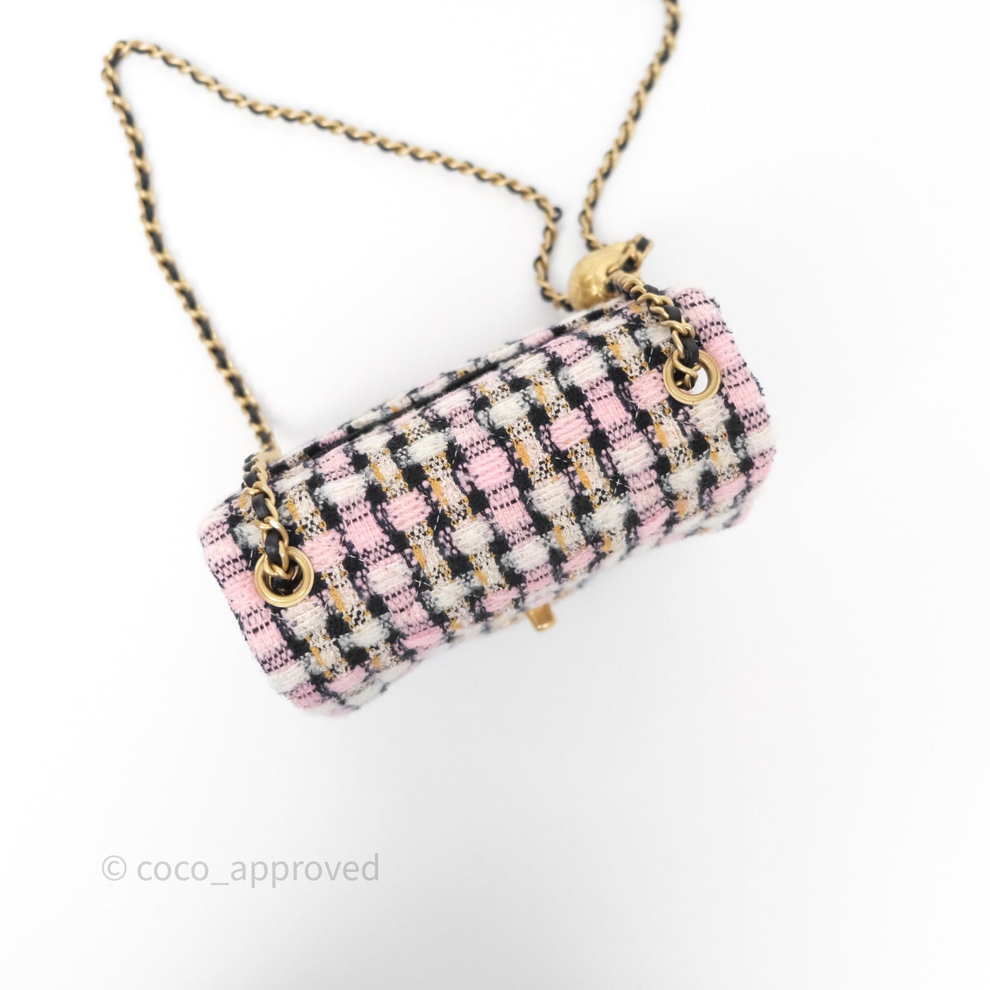 Chanel Pearl Crush Mini Square Pink/ White/ Black Tweed Aged Gold Hardware