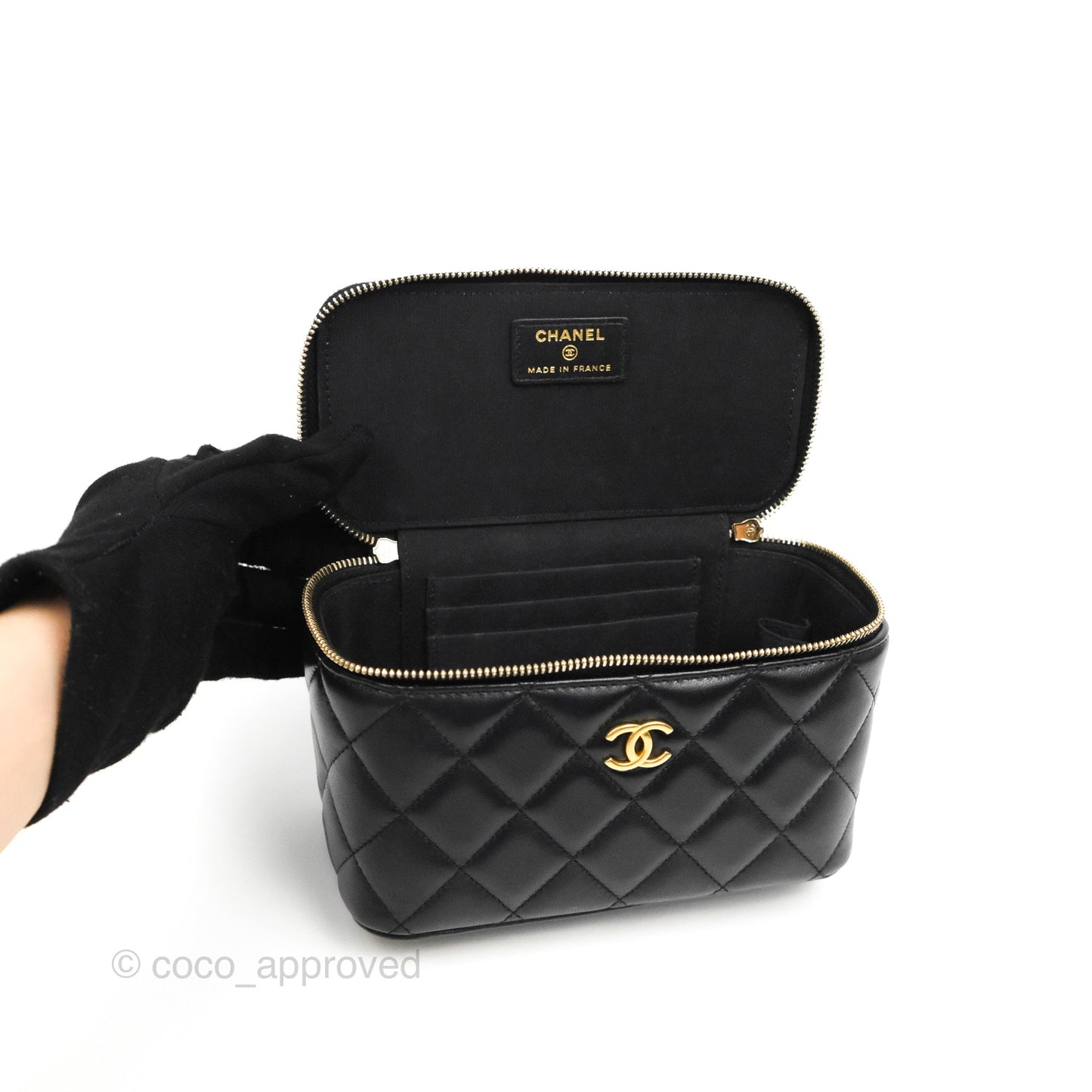 Chanel Vanity Rectangular Top Handle Black Lambskin Aged Gold Hardware