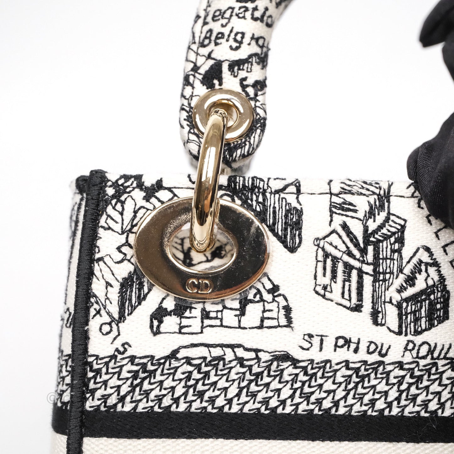 Christian Dior Mini Lady D-Lite Bag White/ Black Plan de Paris Embroidered