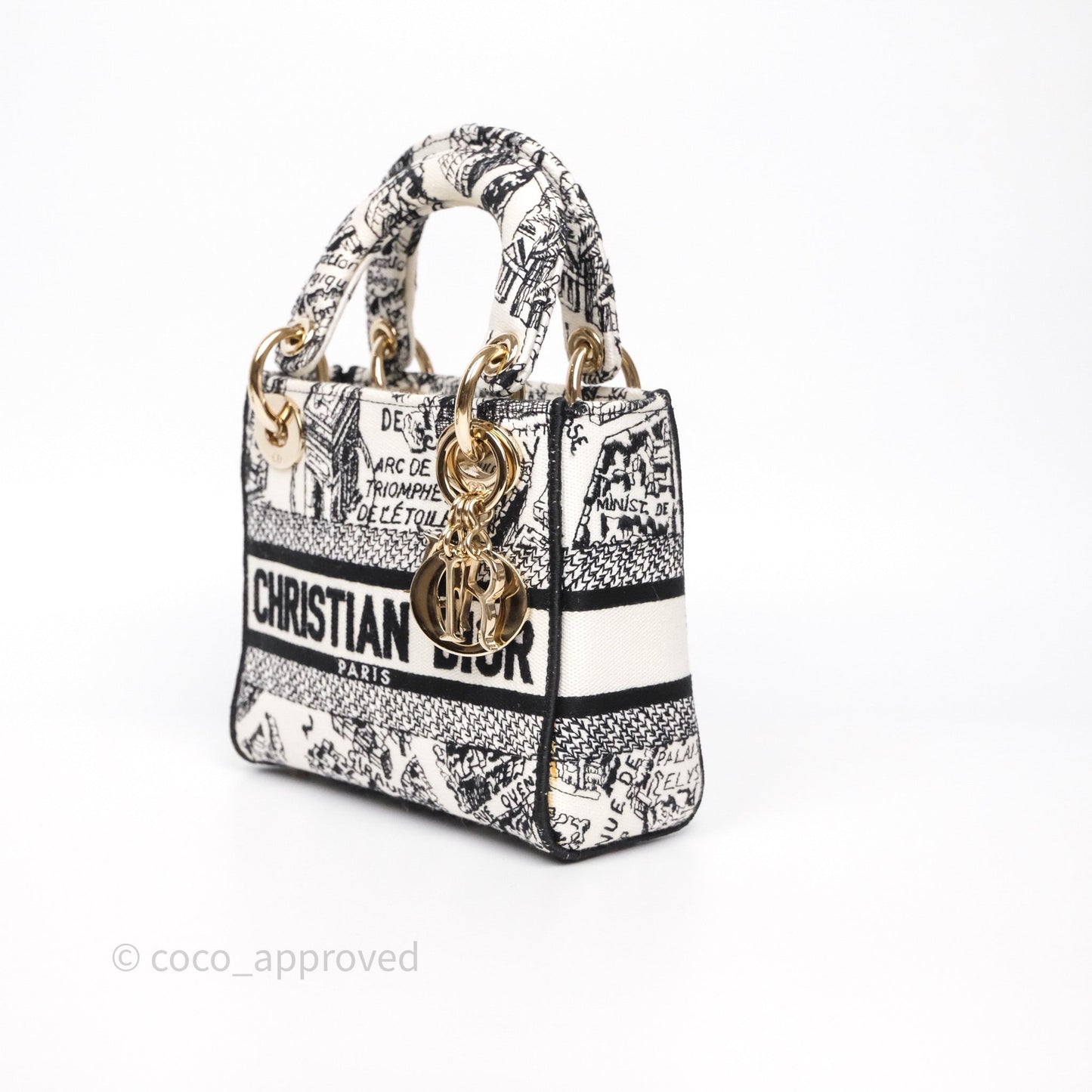 Christian Dior Mini Lady D-Lite Bag White/ Black Plan de Paris Embroidered
