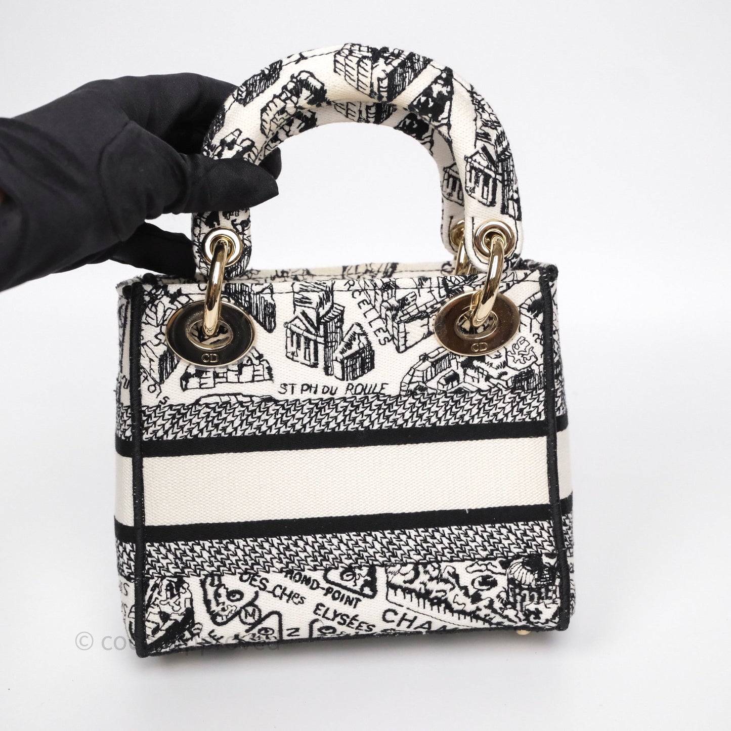 Christian Dior Mini Lady D-Lite Bag White/ Black Plan de Paris Embroidered