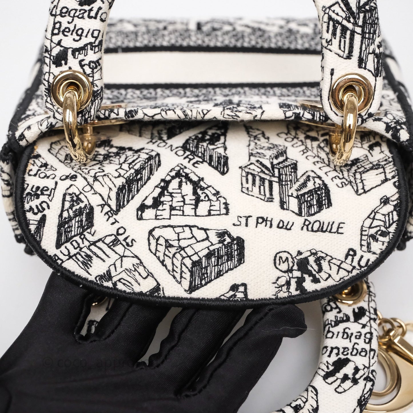 Christian Dior Mini Lady D-Lite Bag White/ Black Plan de Paris Embroidered