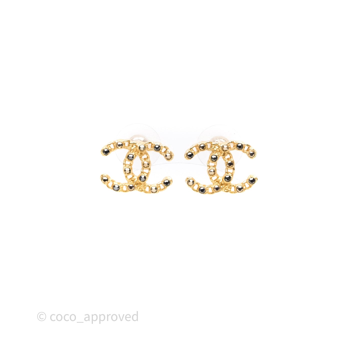 Chanel CC Black Crystal Stud Earrings Gold Tone 20P