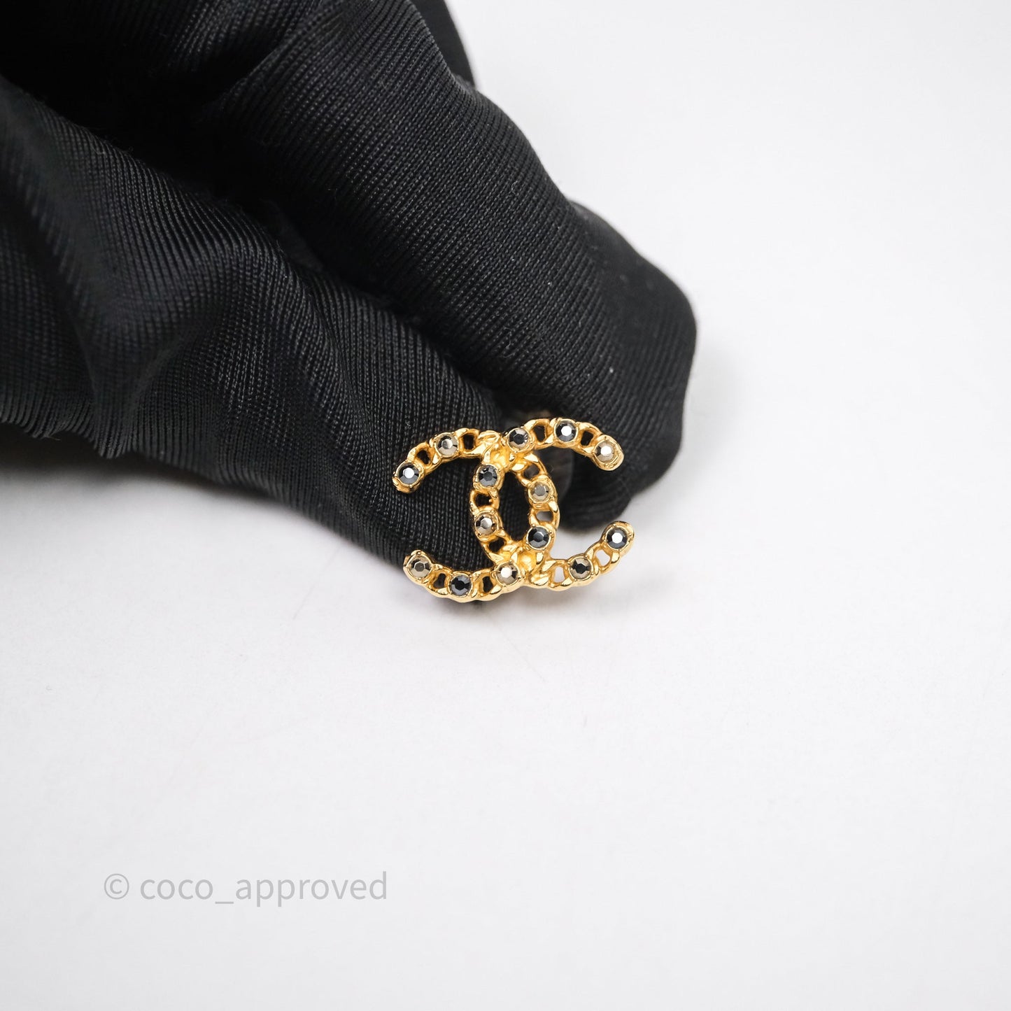Chanel CC Black Crystal Stud Earrings Gold Tone 20P
