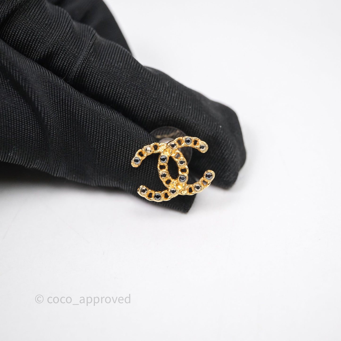 Chanel CC Black Crystal Stud Earrings Gold Tone 20P