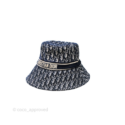 Christian Dior Navy Blue Oblique Jacquard Velvet Bucket Hat Size 58
