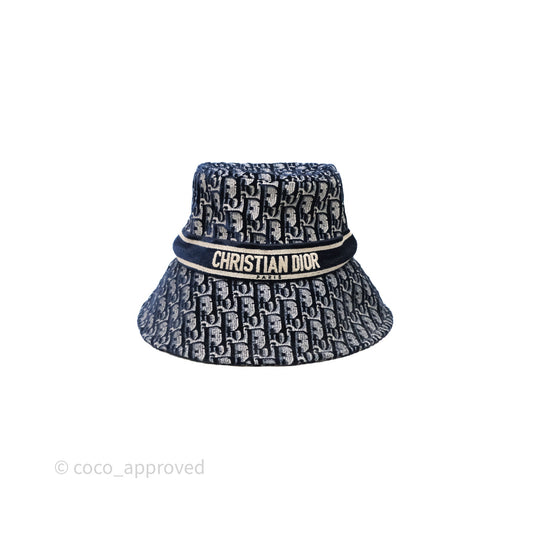 Christian Dior Navy Blue Oblique Jacquard Velvet Bucket Hat Size 58