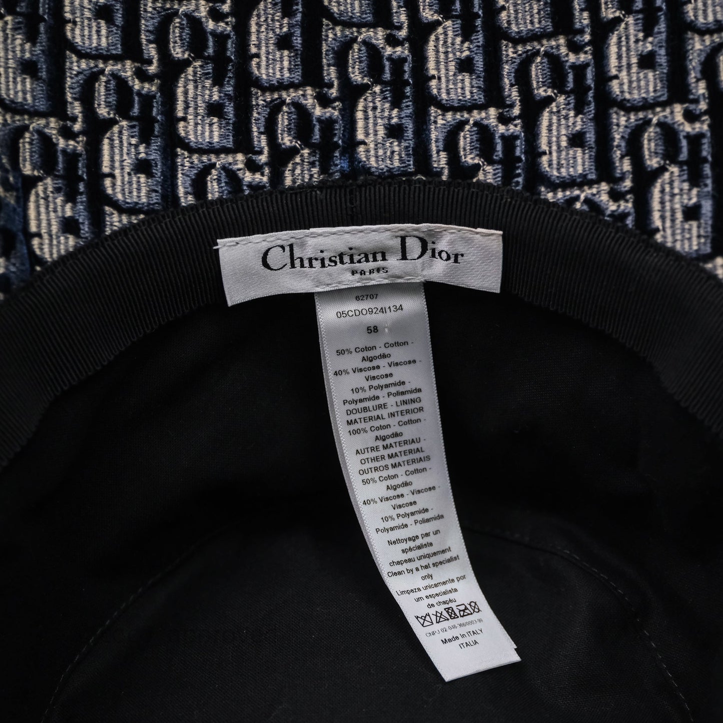 Christian Dior Navy Blue Oblique Jacquard Velvet Bucket Hat Size 58