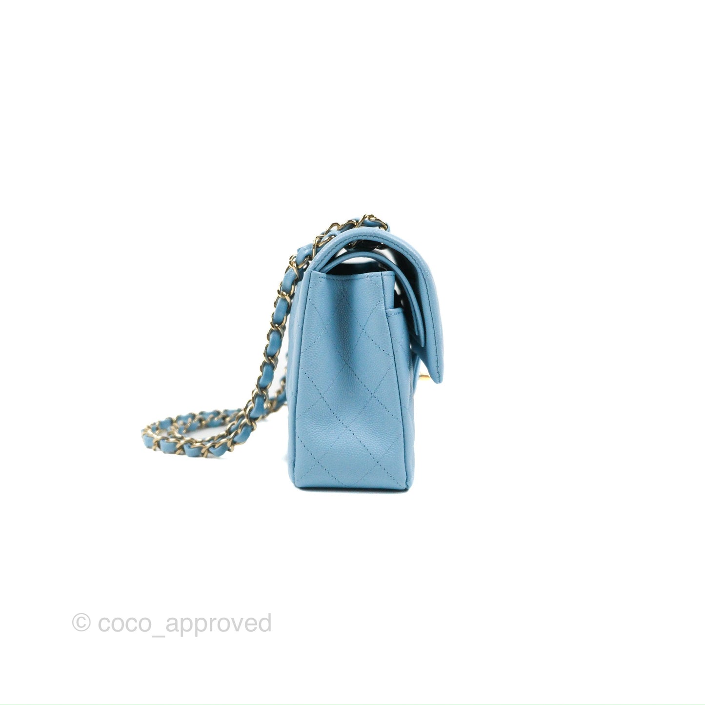Chanel Small Classic Quilted Flap Light Blue Caviar Gold Hardware