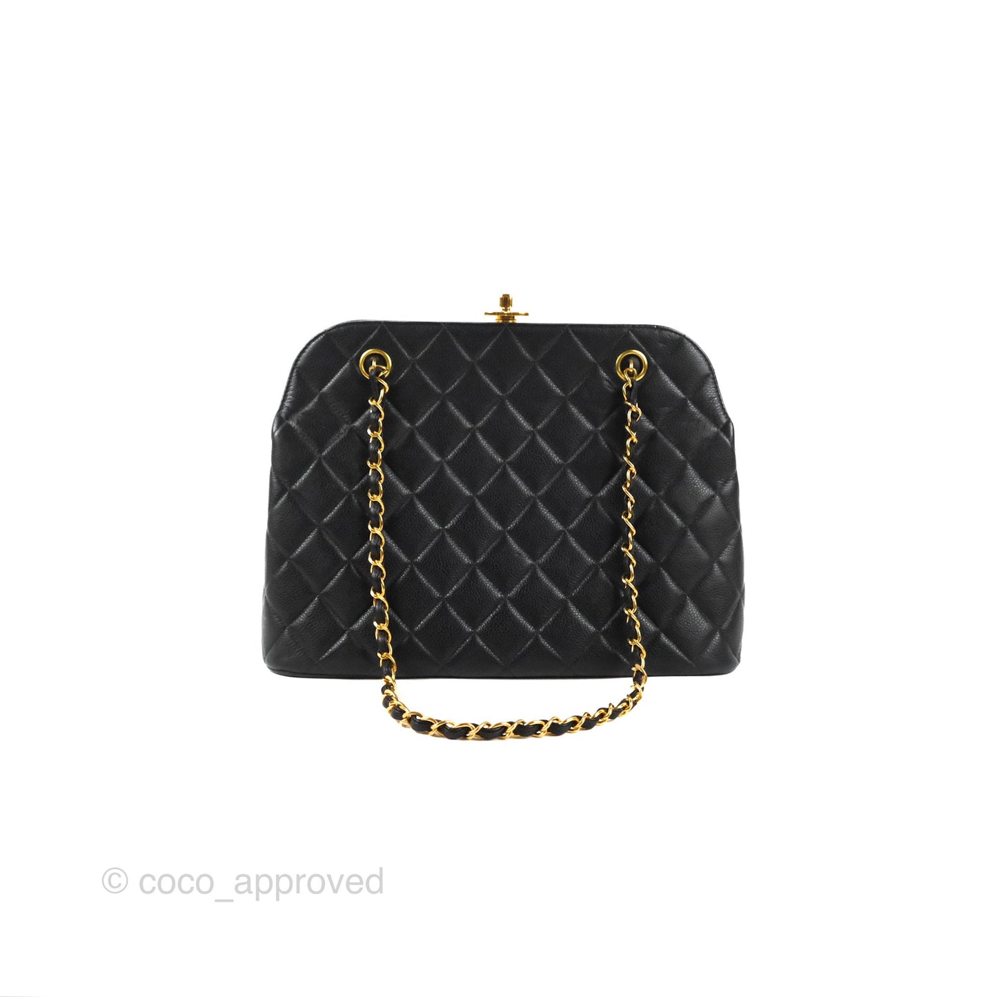 Chanel Vintage CC Kisslock Turnlock Shoulder Bag Quilted Black Caviar 24K Gold Hardware
