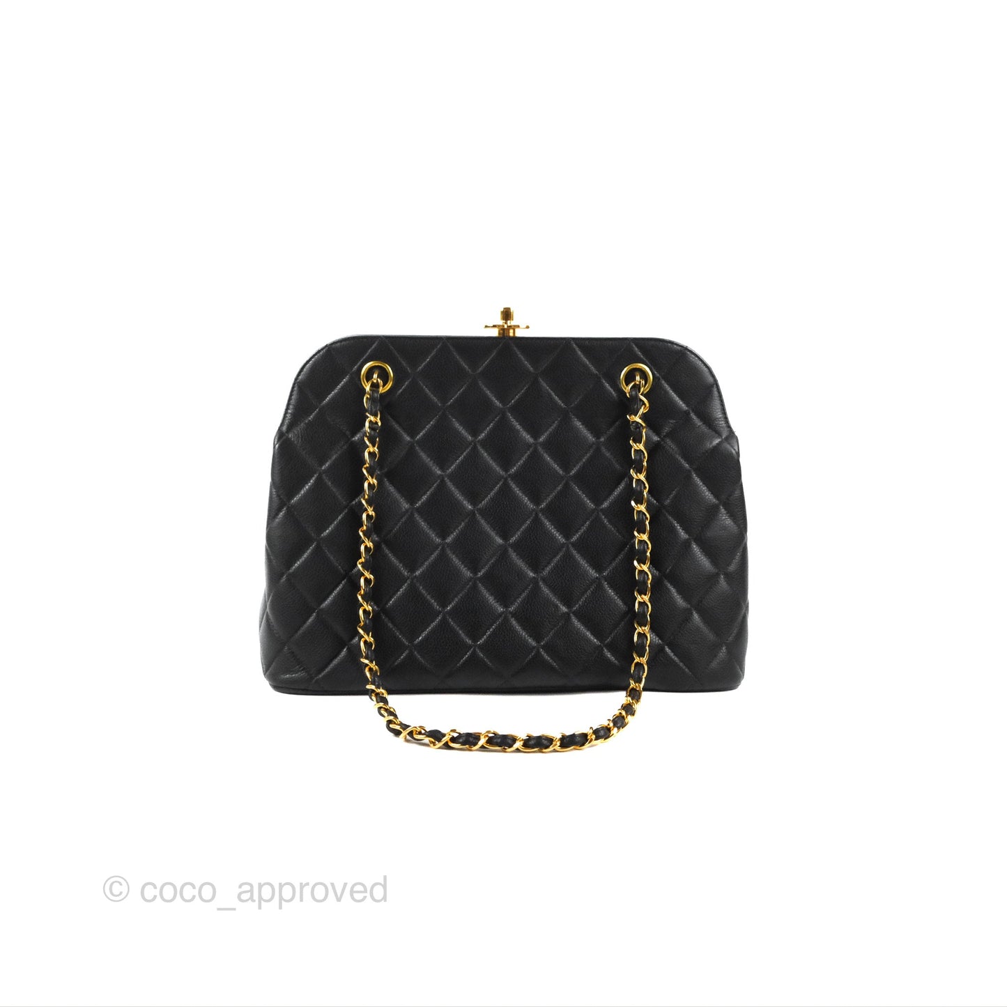 Chanel Vintage CC Kisslock Turnlock Shoulder Bag Quilted Black Caviar 24K Gold Hardware