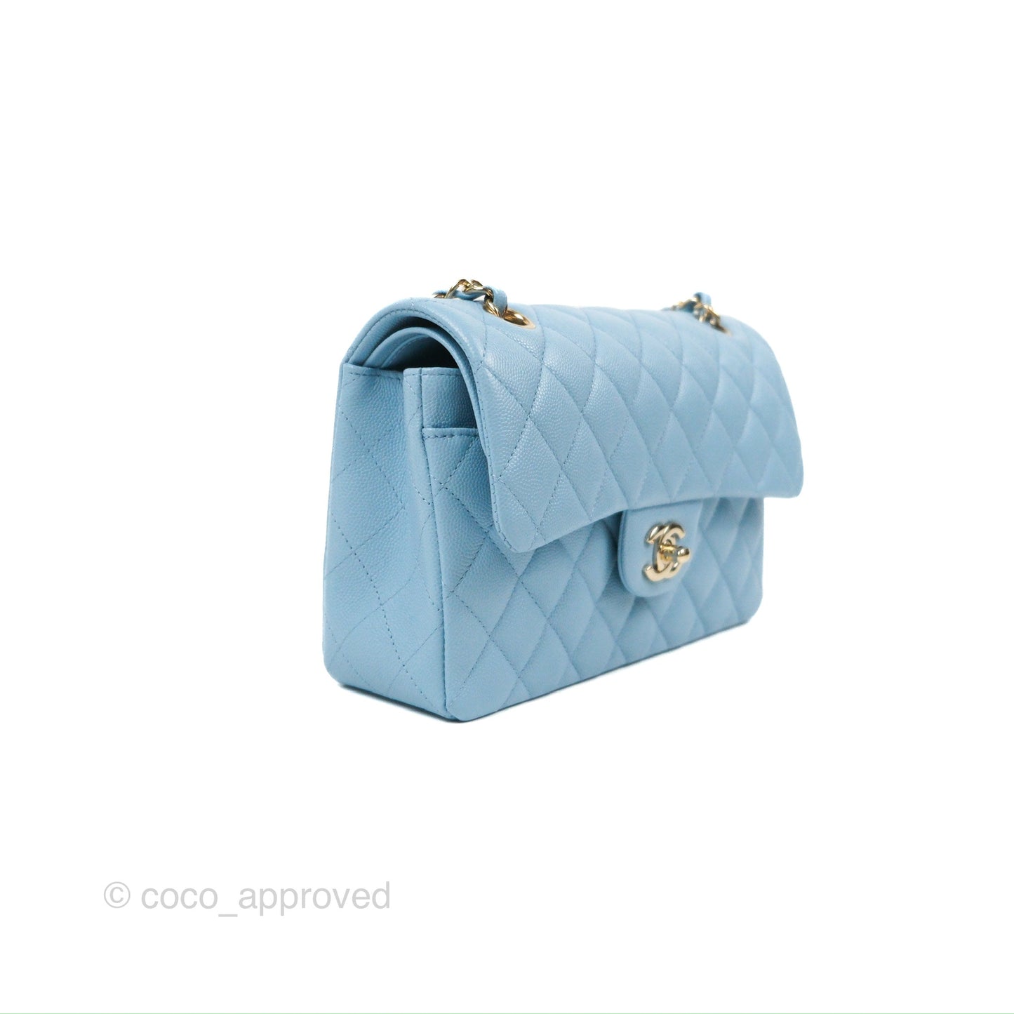 Chanel Small Classic Quilted Flap Light Blue Caviar Gold Hardware