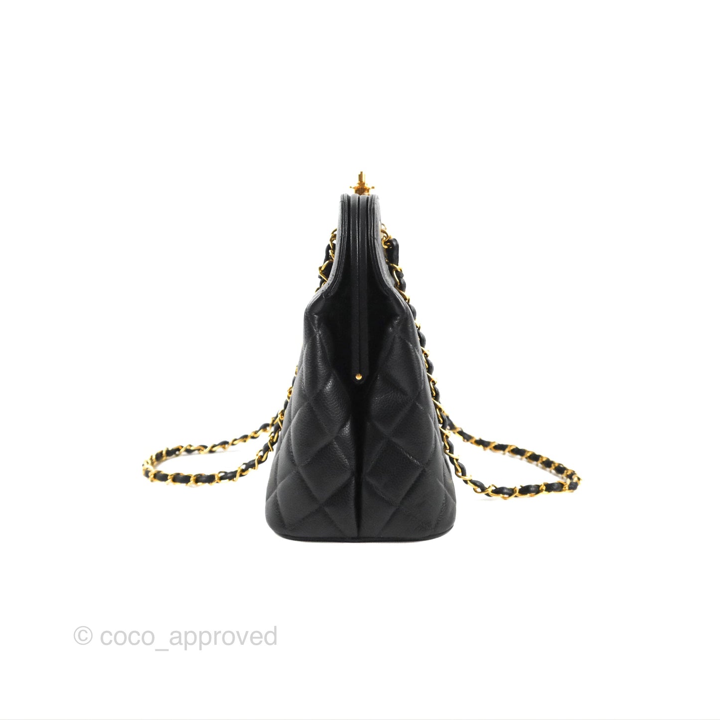 Chanel Vintage CC Kisslock Turnlock Shoulder Bag Quilted Black Caviar 24K Gold Hardware