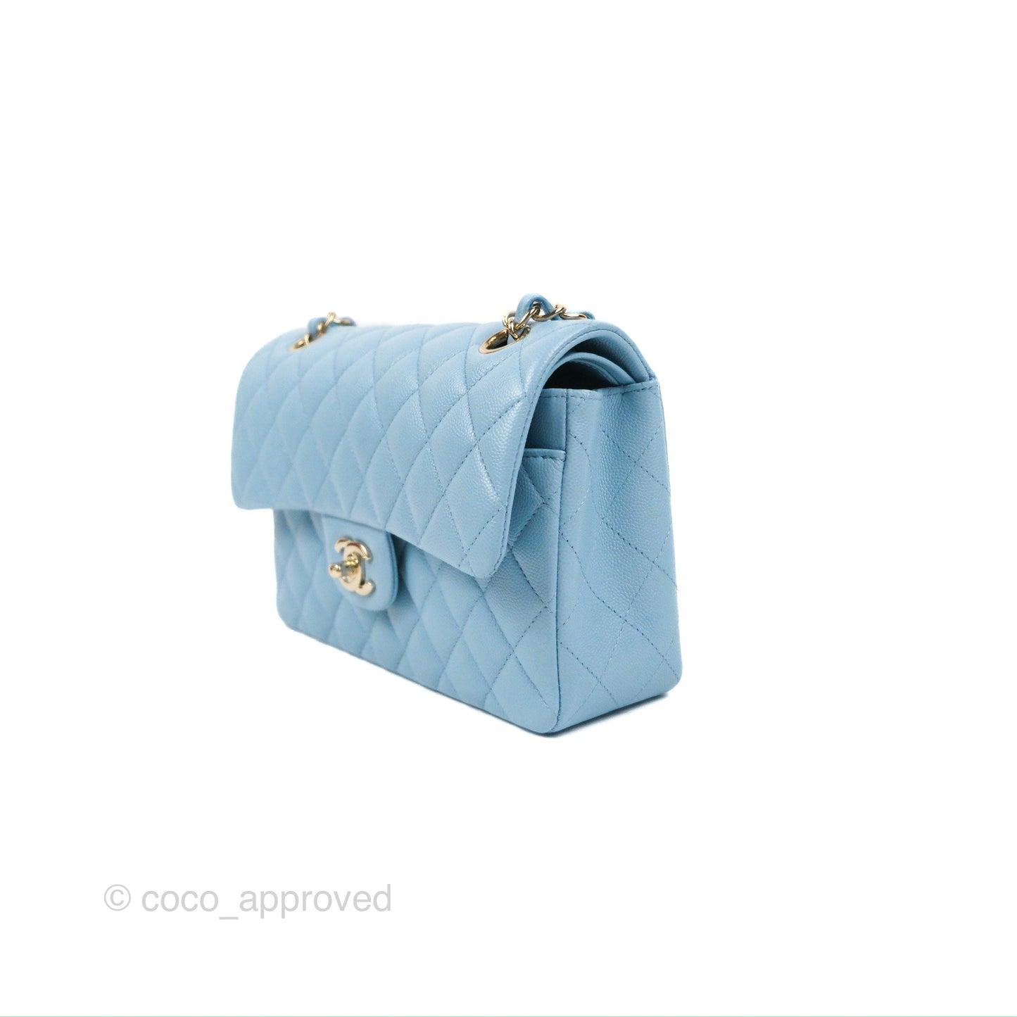 Chanel Small Classic Quilted Flap Light Blue Caviar Gold Hardware